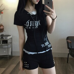 락시크 빈티지 레이스 아일렛 레터링 반팔티