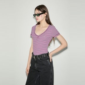 T32E6TTO31TWT1VVK 슬림 헨리 스트라이프 브이넥 티셔츠