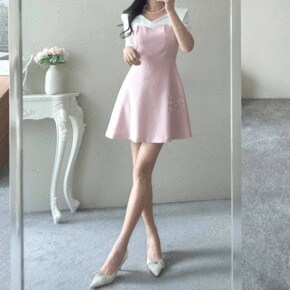 미니  에쎄 레이어드 배색 카라 블라우스 튜브탑 플레어 여름 원피스 2COLOR _P423505099