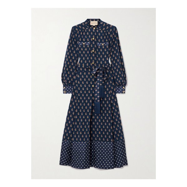 프린지 벨트 프린트 실크 새틴 미디 셔츠 드레스 네이비 46376663162855072