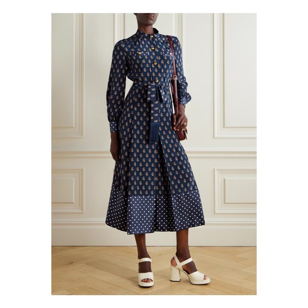 프린지 벨트 프린트 실크 새틴 미디 셔츠 드레스 네이비 46376663162855072