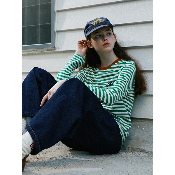 Chain-Needlework Stripe Tee (Green)