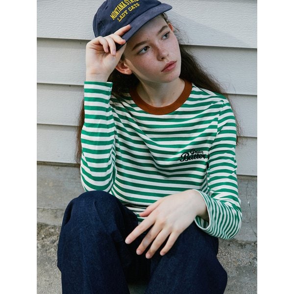 Chain-Needlework Stripe Tee (Green)