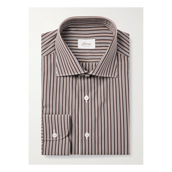 브리오니 커터웨이 칼라 스트라이프 코튼 포플린 셔츠 브라운 46376663162851087
