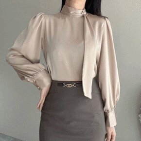 신디 실키 새틴 하이넥 스카프 타이 오피스 긴팔 퍼프 블라우스 3color _P374048627