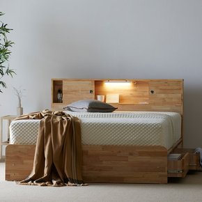비투스 그리니치 LED 고무나무 원목 평상형 수납 서랍 침대 프레임 Q