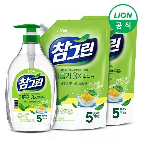 참그린 녹차 기름기 뽀드득 주방세제 1kg용기 1개+1.2L리필 2개