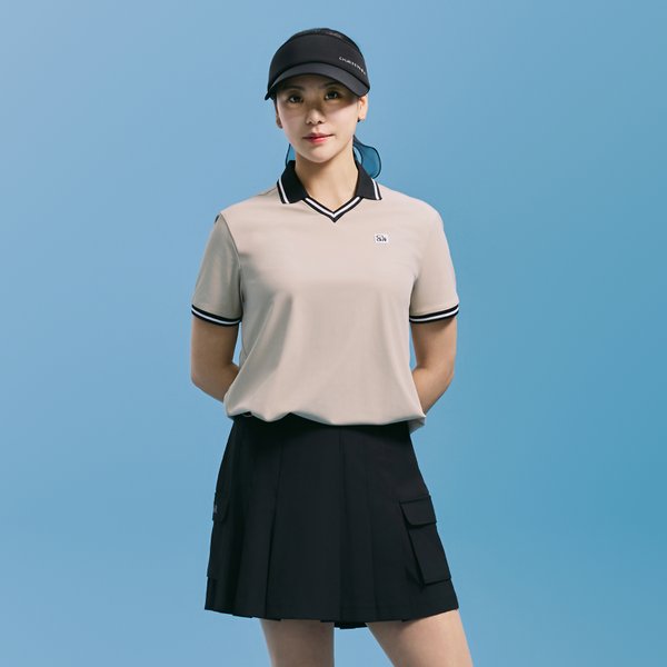 [부산점] 여성 에센셜 트리코트 V넥 스트링 반팔티 라이트베이지_CHE2WST2956LB