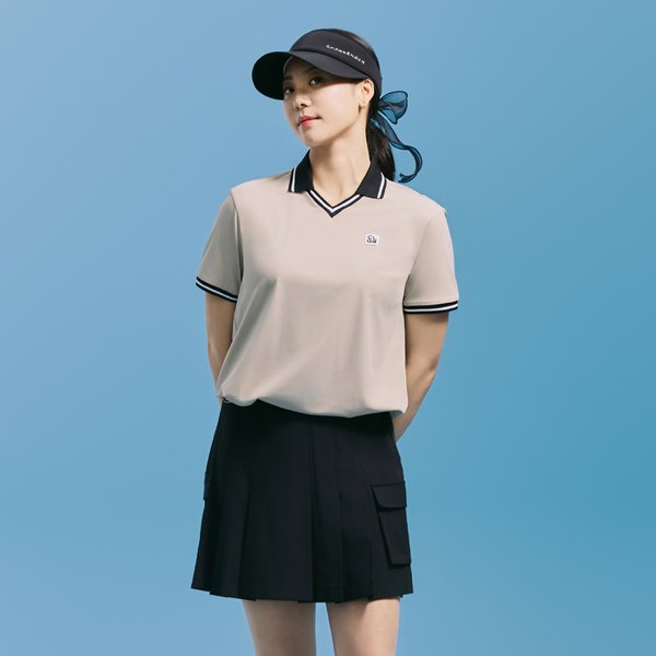 [부산점] 여성 에센셜 트리코트 V넥 스트링 반팔티 라이트베이지_CHE2WST2956LB