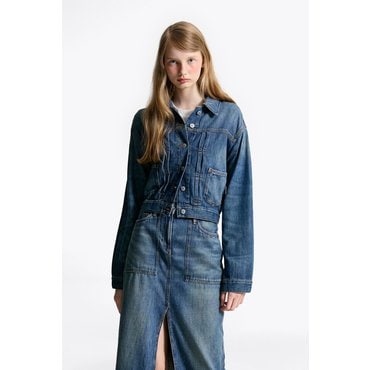 타미진스 여성 플리츠 데님 트러커 재킷 T32F6NJC12TWT1 TOMMY JEANS