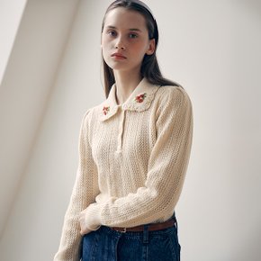 COLLAR FLOWER EMBROIDERY KNIT BEIGE