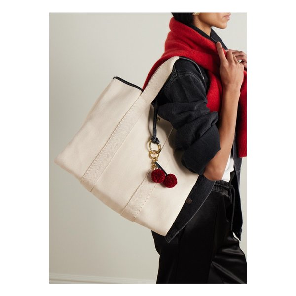 휘 드 베르누이 라지 가죽 웨빙 트리밍 헤링본 캔버스 토트 크림 46376663162863566