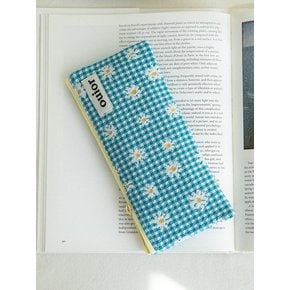 flat pencil case - check flower teal (topside zipper)