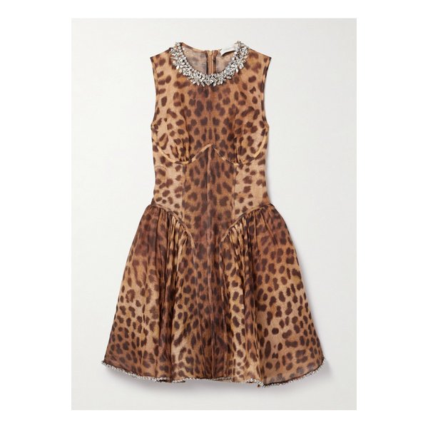 크러시 크리스털 장식 패널 레오파드 리넨 실크 혼방 미니 드레스 1647597355277273