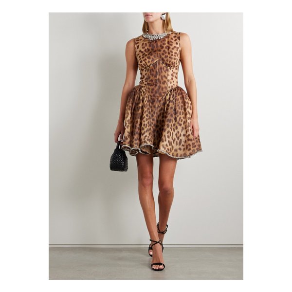 크러시 크리스털 장식 패널 레오파드 리넨 실크 혼방 미니 드레스 1647597355277273