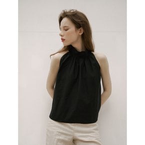 Shirring Halter Neck Back Button Blouse Black