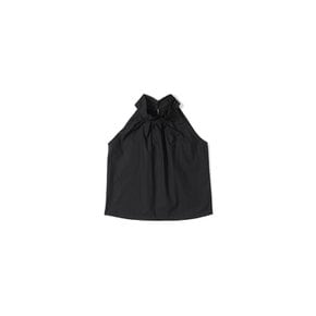 Shirring Halter Neck Back Button Blouse Black