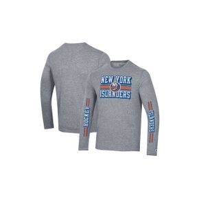 4275017 Champion Mens Heather Gray New York Islanders Tri-Blend Dual-Stripe Long Sleeve T-