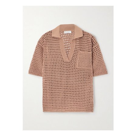 부르넬로쿠치넬리 시퀸 장식 오픈니트 코튼 혼방 폴로 탑 오렌지