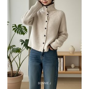 보니제이 컬러배색 하이넥 니트 버튼 여성 가디건 루즈핏