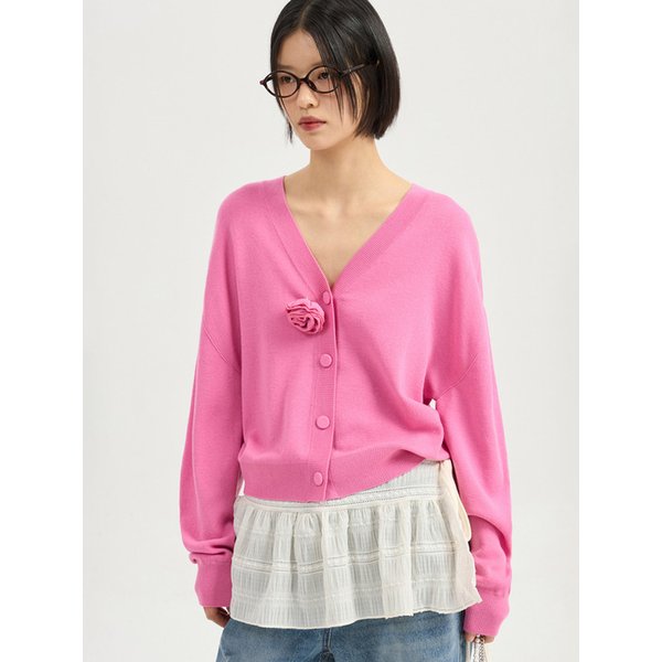 Double Emblem Embroidery V Neck Knit Cardigan (pink)_LFWCM25320PIX