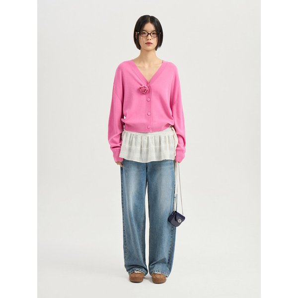 Double Emblem Embroidery V Neck Knit Cardigan (pink)_LFWCM25320PIX