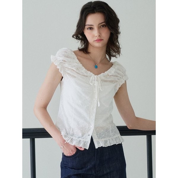 Lace String Puff Blouse_White