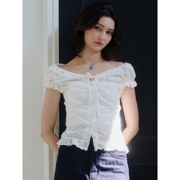 Lace String Puff Blouse_White