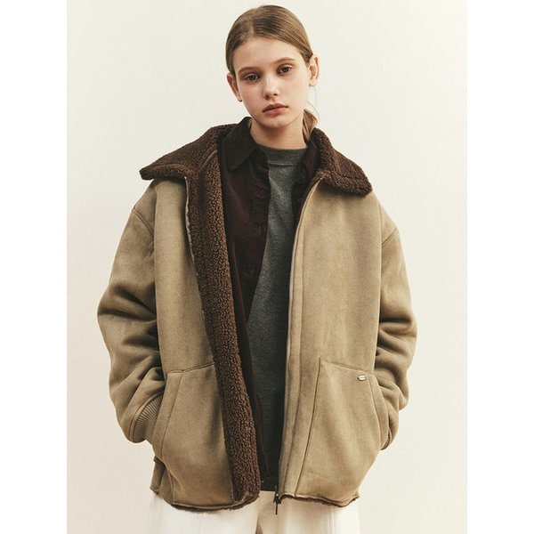 TEDDY COLLAR SUEDE ZIP UP JACKET_KHAKI