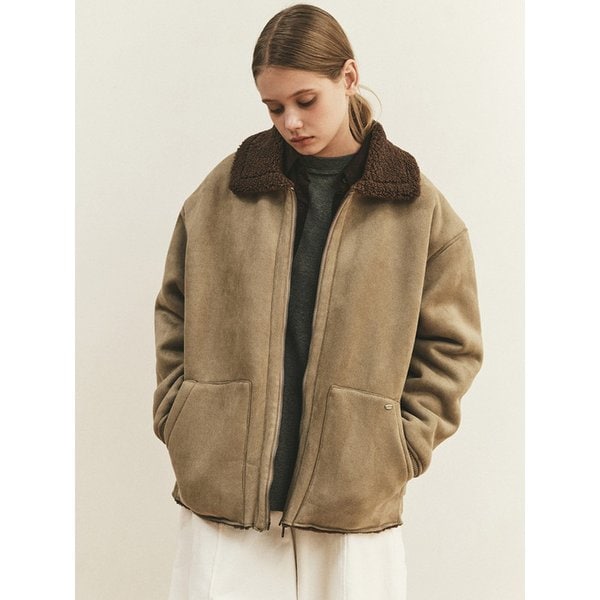 TEDDY COLLAR SUEDE ZIP UP JACKET_KHAKI