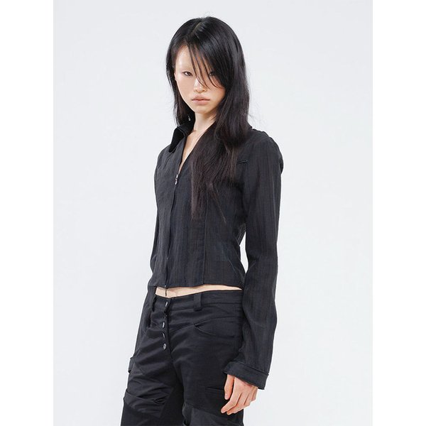 SHEER GATHERED SHIRT JACKET BLACK
