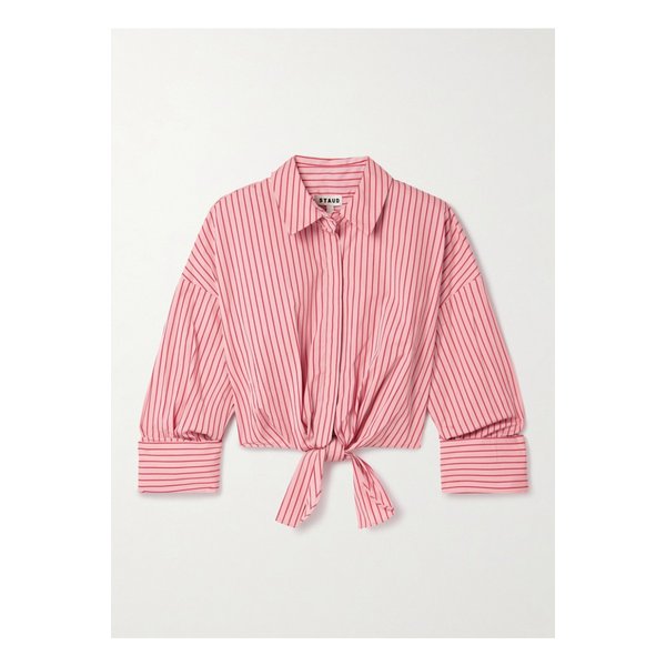 스타우드 리사 타이 프론트 크롭 스트라이프 코튼 혼방 포플린 탑 핑크 46376663162859628