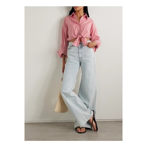 스타우드 리사 타이 프론트 크롭 스트라이프 코튼 혼방 포플린 탑 핑크 46376663162859628