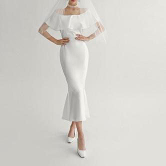  [셀러문] 셀프웨딩 머메이드 오프숄더 실크 드레스 웨딩 롱원피스 브라이덜샤워 결혼식 하객룩 (