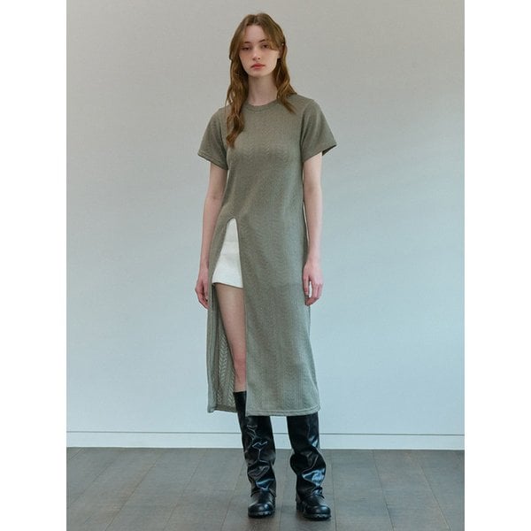 SLIT SUMMER LACE LONG KNIT ONE PIECE KHAKI