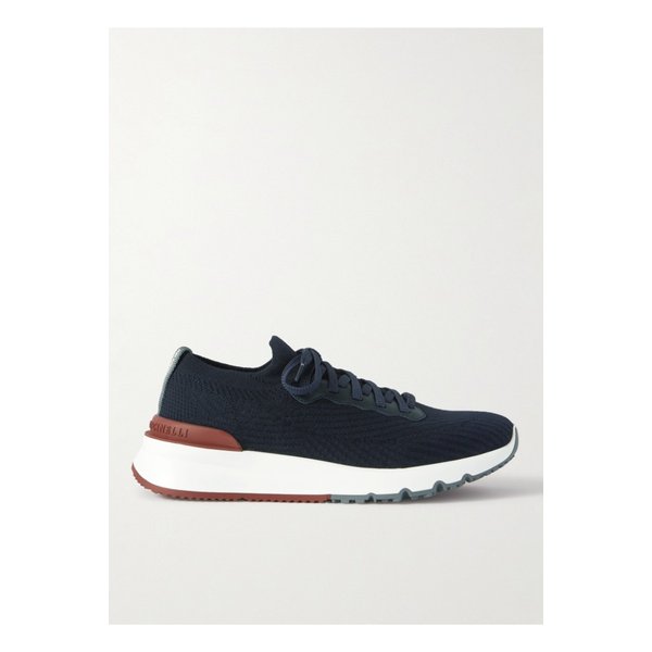 가죽 트리밍 스트레치 니트 스니커즈 블루