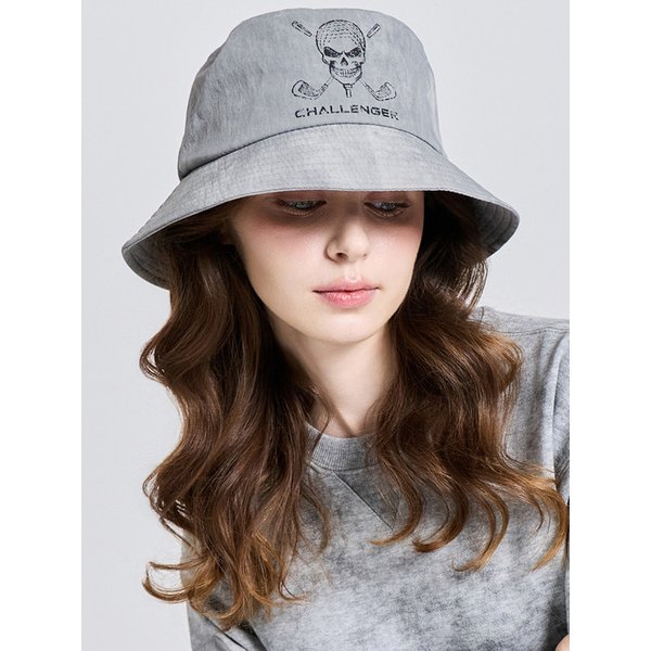 유니 무아레 스컬 포인트 스트링 버킷햇 그레이