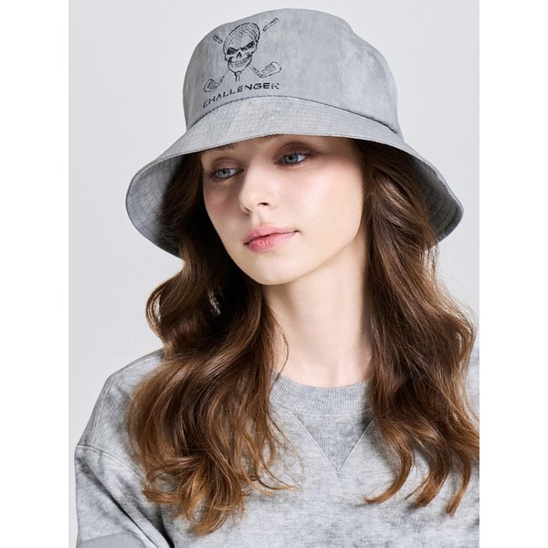 유니 무아레 스컬 포인트 스트링 버킷햇 그레이