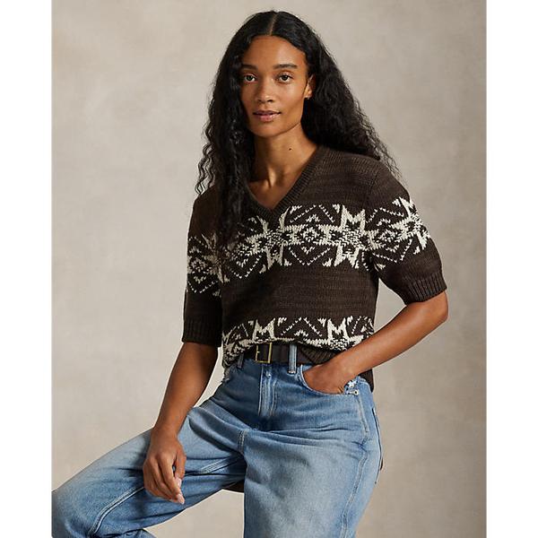 여성 스노우플레이크 브이넥 숏 슬리브 스웨터(WMPOSWENC021415200)