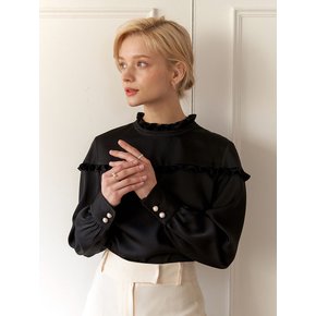 Satin frill blouse BLACK