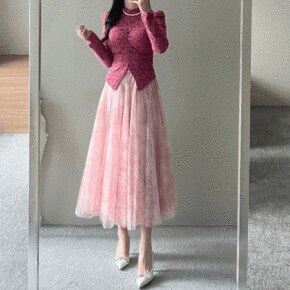 파트라 D링 수채화 나염 풍성한 밴딩 롱 맥시 샤 발레코어 파티 스커트 3color _P376364659
