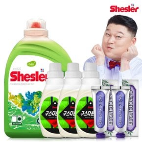 강호동의 쉬슬러 액상 세제 유칼립투스 3.05L 1개+구스다운워시전용 650ml 3개+잇몸케어 치약 100g 2개.