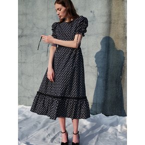 Enid Puff Sleeve Shirring Flower Cotton Dress_Black