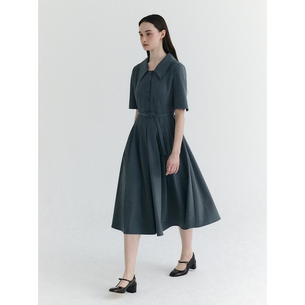 Summer Wool Belted Half Sleeve Dress_2color