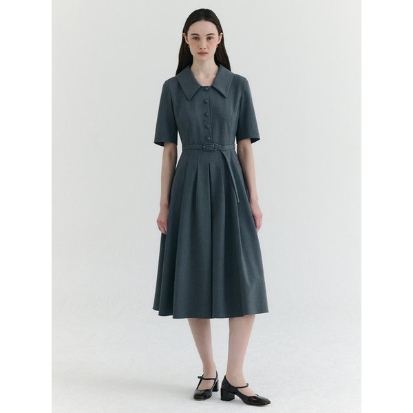 Summer Wool Belted Half Sleeve Dress_2color