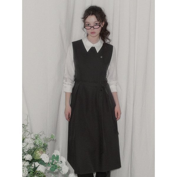 리벤 셔츠 배색 핀턱 롱 원피스(스트랩set)