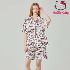 산리오 정품 헬로키티 프리미엄 부드러운 면 홈웨어 잠옷 반소매 카라넥 페어 상하세트 HK-4515