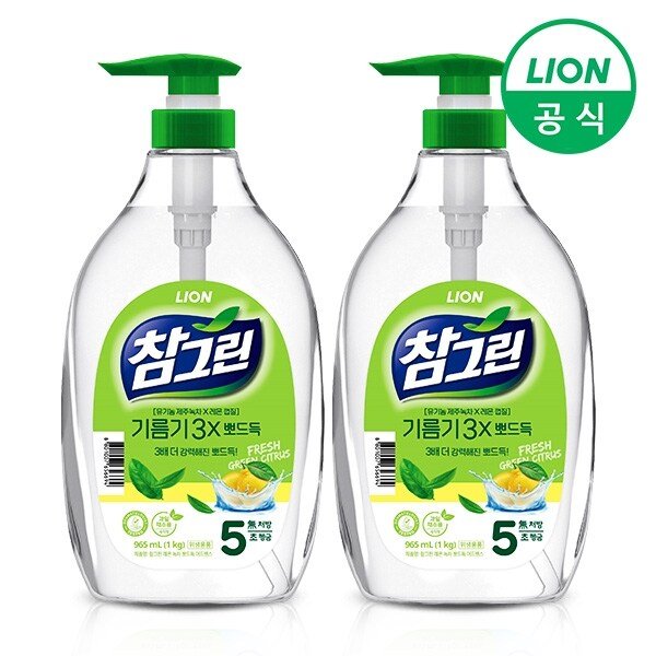 참그린 녹차 기름기 뽀드득 주방세제 1kg용기(펌프) 2개
