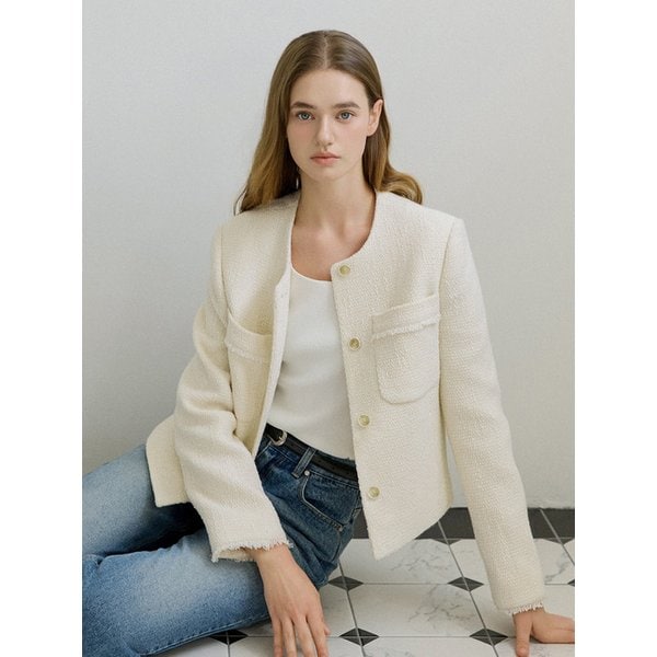 Boucle Fringe Tweed Jacket Ivory AT5JAF043IV