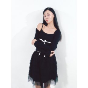 Knit Ribbon Shirring Top Set Black